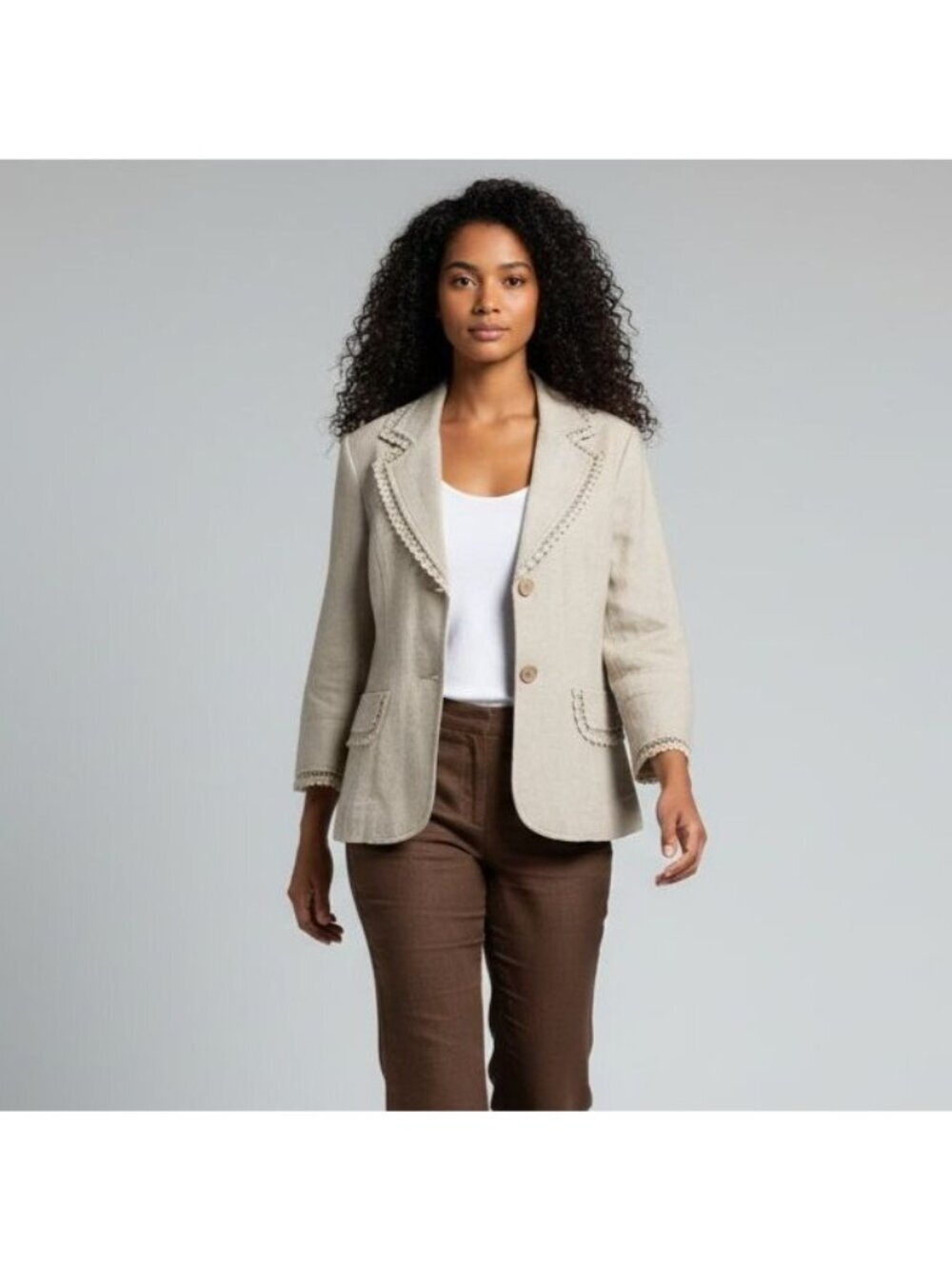 New Beige Linen Cotton Blend Lace Trim Blazer Jacket 3/4 Sleeves Newport News Si
